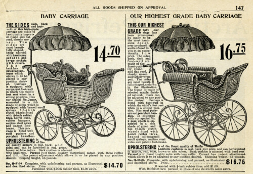 old catalogue page, vintage baby clip art, antique baby carriage illustration, free black and white clipart, pram carriage graphic, parasol covered baby buggy