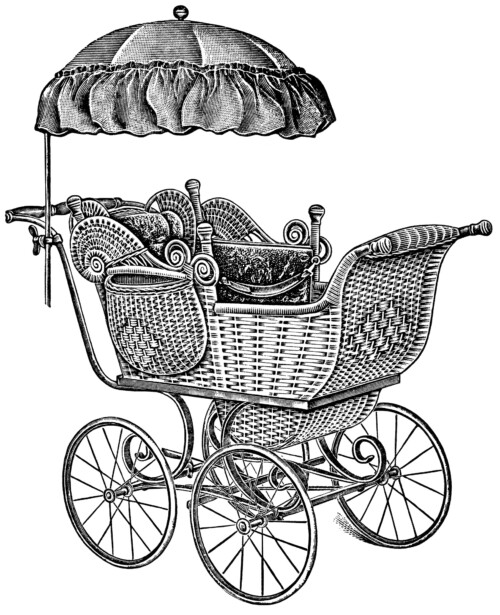 old catalogue page, vintage baby clip art, antique baby carriage illustration, free black and white clipart, pram carriage graphic, parasol covered baby buggy