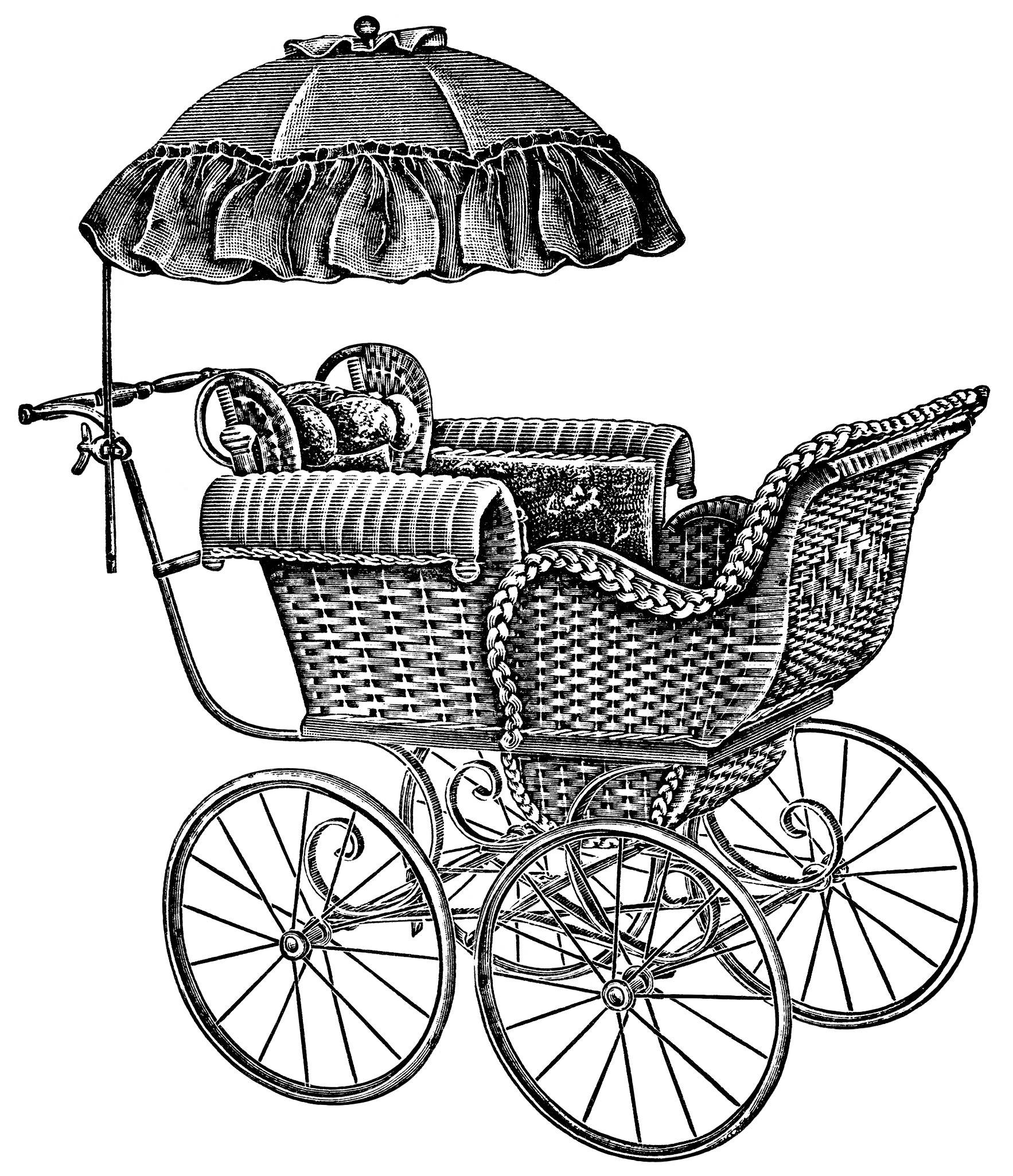 old catalogue page, vintage baby clip art, antique baby carriage illustration, free black and white clipart, pram carriage graphic, parasol covered baby buggy