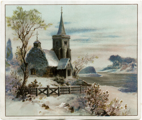 victorian advertising card, vintage Christmas clip art, snowy winter country scene, old fashioned Christmas card, snow covered church illustration, antique trade card