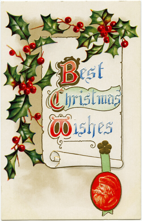 printable Christmas graphic, old Christmas postcard, holly berries illustration, free vintage Christmas clipart