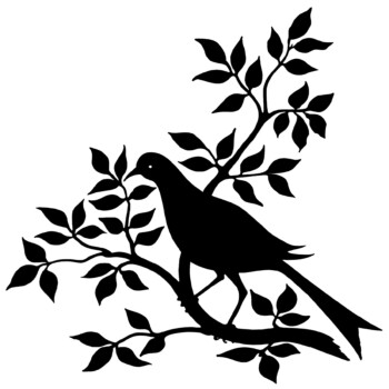 bird branch silhouette, black and white graphic, vintage bird clip art, bird on branch with leaves illustration