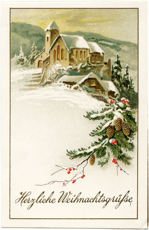 German Christmas postcard, vintage Christmas clip art, snowy winter country scene, old fashioned Christmas card, snow covered church illustration