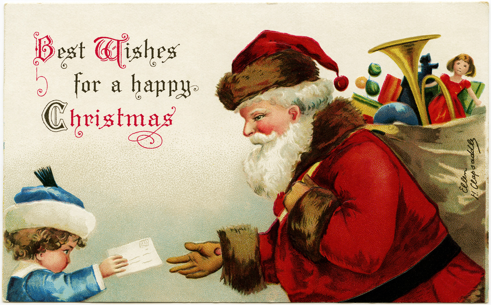 Clapsaddle Christmas postcard, vintage Christmas clip art, antique santa illustration, child handing letter to Santa, old fashioned Christmas graphic