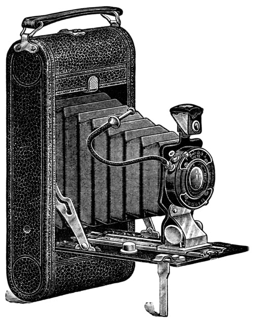 aged paper ephemera, old catalogue page, black and white clipart, antique camera illustration, vintage camera clip art, conley camera ad, 1916 camera