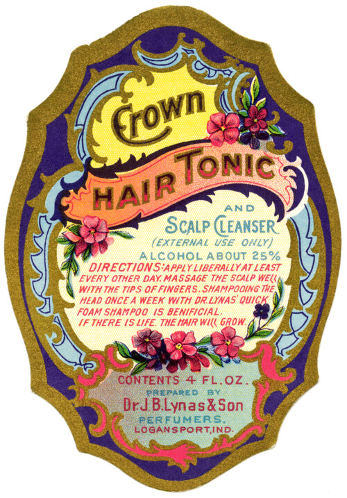 J.B. Lynas & Son, Crown tonic label, vintage beauty label graphic, free printable label, antique hair care illustration