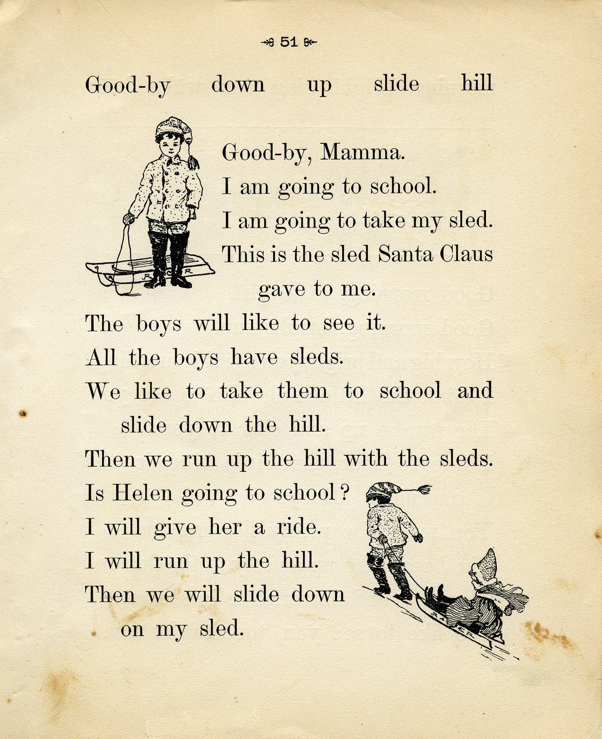 vintage Santa illustrations, black and white graphics, children in snow clip art, boy with sled clipart, antique school reader page