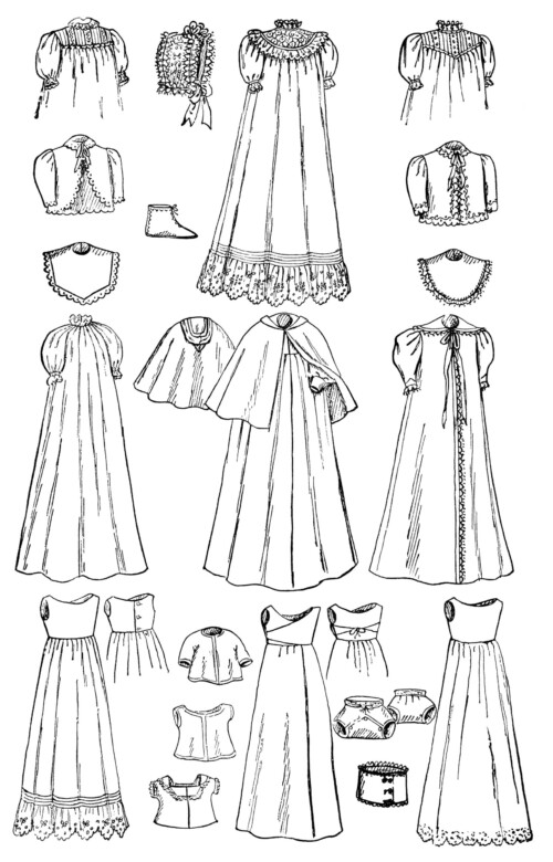 vintage baby clip art, black and white graphics, infants wardrobe illustration, antique magazine ad, baby clothes clipart