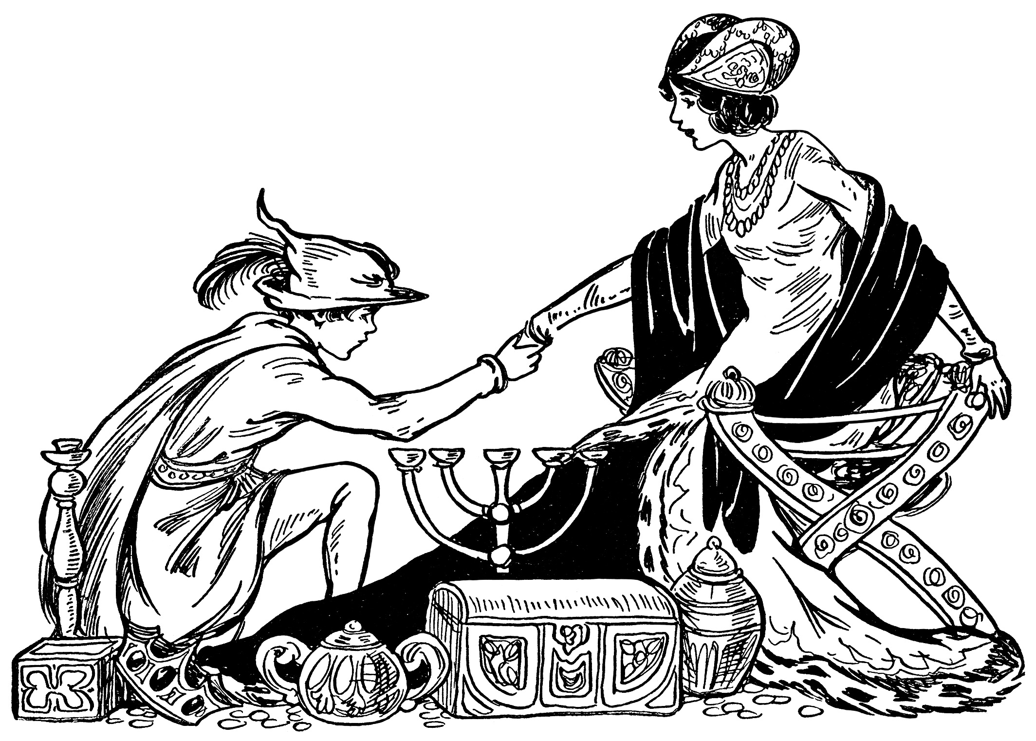 prince princess illustration, black and white graphics, vintage storybook illustration, vintage fairytale clip art