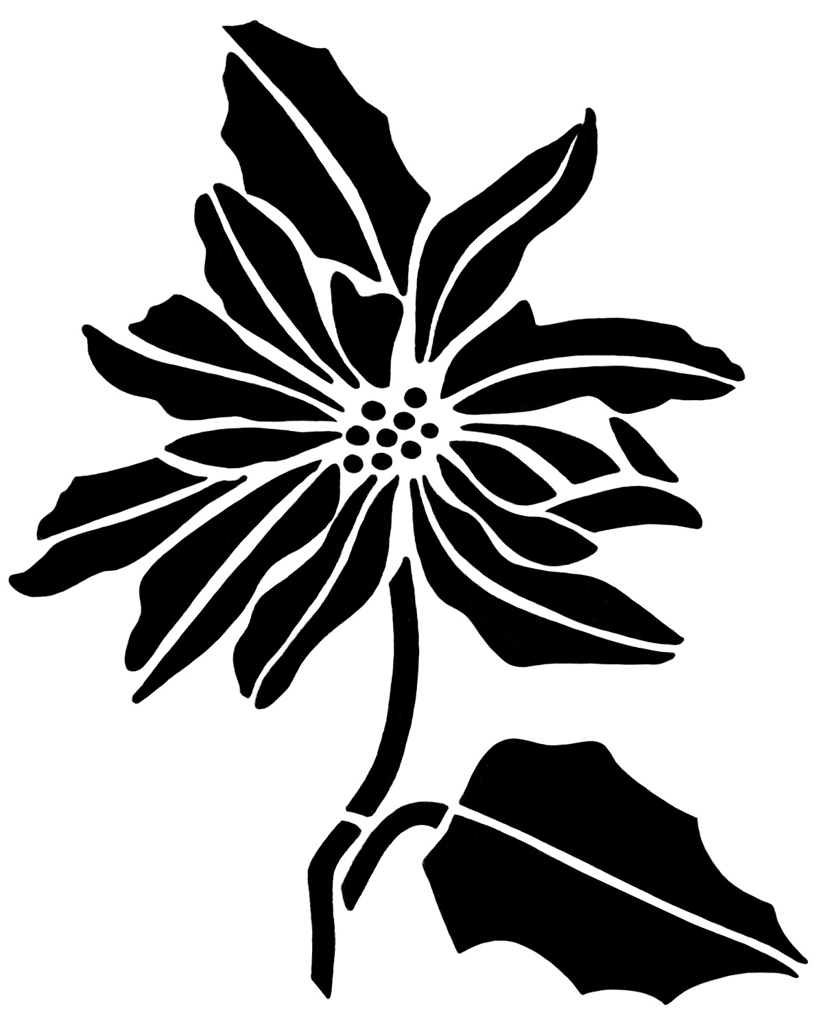 vintage Christmas clip art, poinsettia stencil, black and white graphics, Christmas flower illustration, floral digital stamp