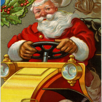 vintage postcard printable, jolly santa illustration, vintage Christmas card, santa driving car clipart, antique Christmas postcard graphic