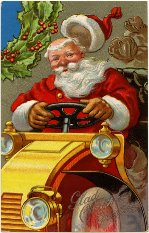 vintage postcard printable, jolly santa illustration, vintage Christmas card, santa driving car clipart, antique Christmas postcard graphic