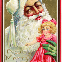 Santa doll postcard 1911, vintage Christmas clip art, antique santa illustration, santa in white clipart, santa claus holding doll graphics