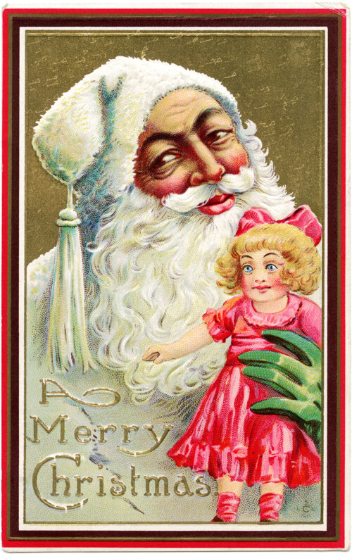 Santa doll postcard 1911, vintage Christmas clip art, antique santa illustration, santa in white clipart, santa claus holding doll graphics