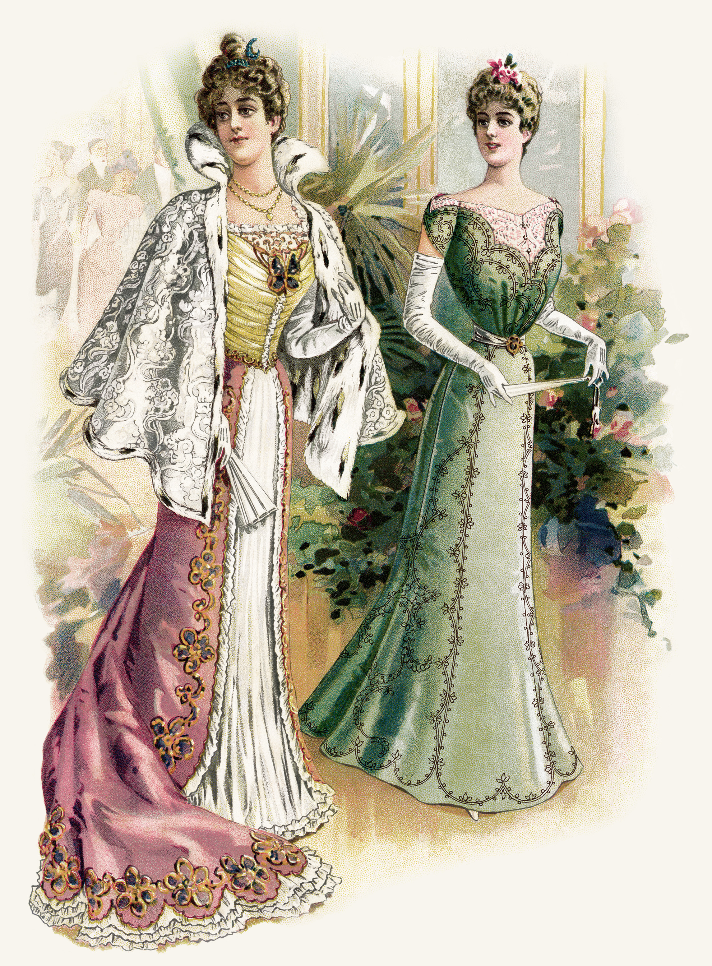 Victorian fashion plate, Victorian lady clip art, antique womans dress, vintage ball gown illustration, elegant formal Victorian party