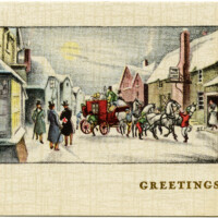 Victorian Christmas card, vintage holiday card, horse carriage illustration, antique winter clipart, Victorian town graphics
