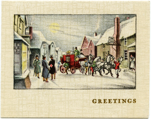 Victorian Christmas card, vintage holiday card, horse carriage illustration, antique winter clipart, Victorian town graphics