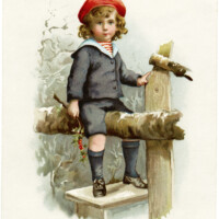 Victorian advertising card, vintage trading card, boy in winter clip art, ozone soap, Fairchild Shelton, boy sitting on fence illustration