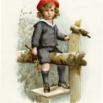 Victorian advertising card, vintage trading card, boy in winter clip art, ozone soap, Fairchild Shelton, boy sitting on fence illustration
