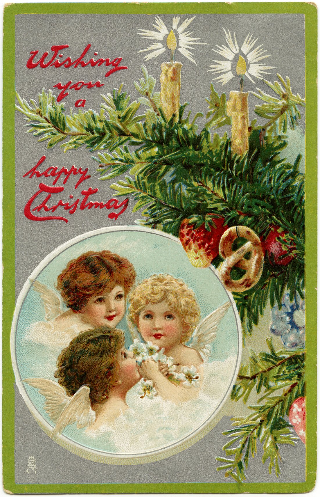 vintage Christmas postcard, angels clip art, decorated tree branch, Victorian Christmas illustration, old fashioned Christmas card