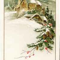 German Christmas postcard, vintage Christmas clip art, snowy winter country scene, old fashioned Christmas card, snow covered church illustration
