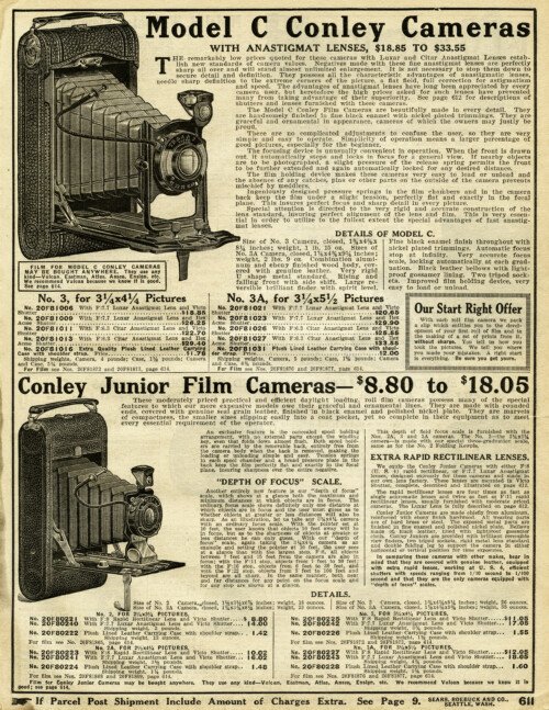 aged paper ephemera, old catalogue page, black and white clipart, antique camera illustration, vintage camera clip art, conley camera ad, 1916 camera