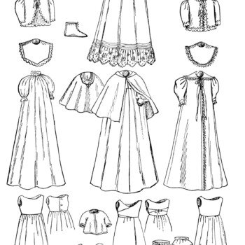 vintage baby clip art, black and white graphics, infants wardrobe illustration, antique magazine ad, baby clothes clipart