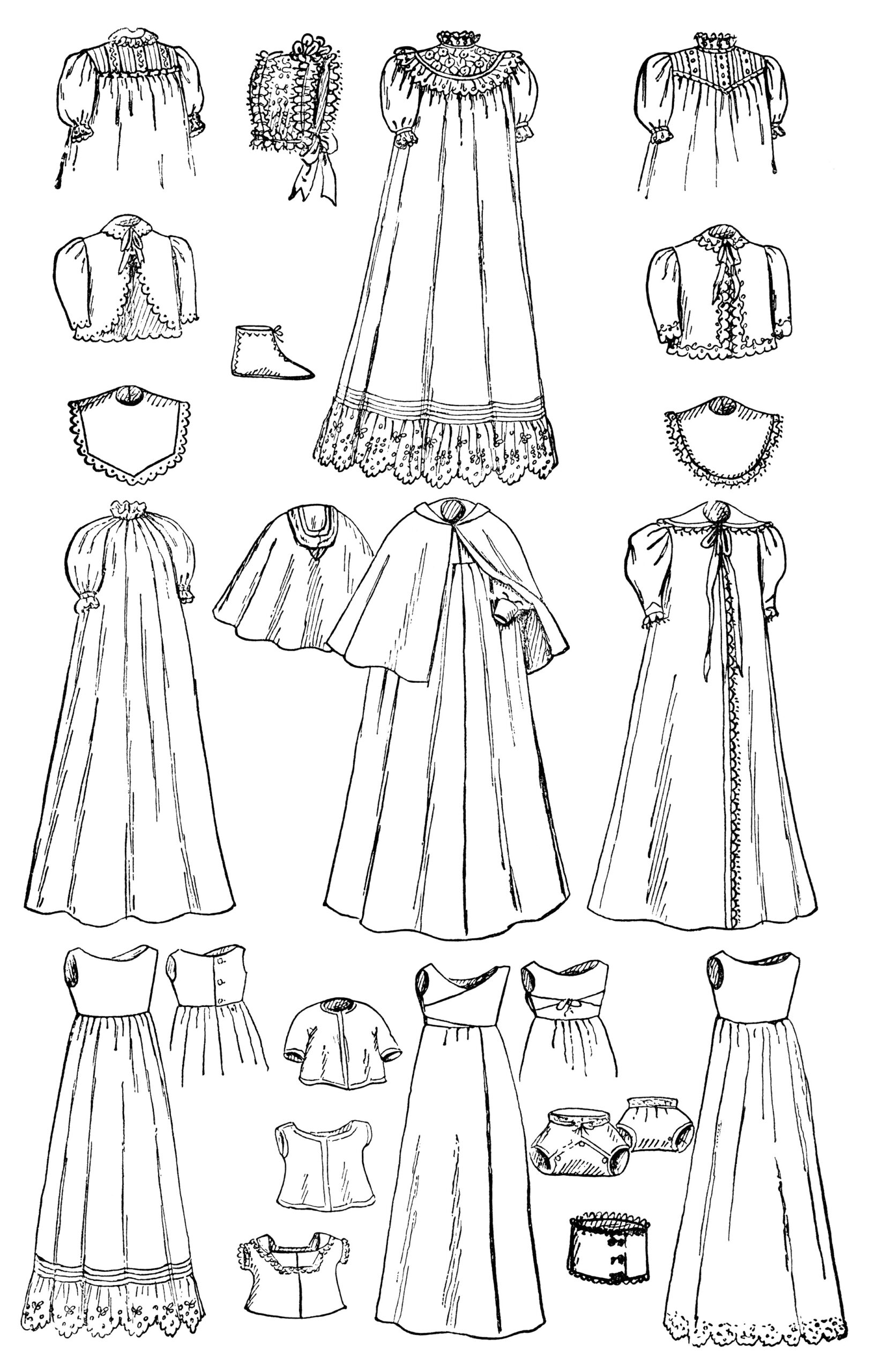 vintage baby clip art, black and white graphics, infants wardrobe illustration, antique magazine ad, baby clothes clipart