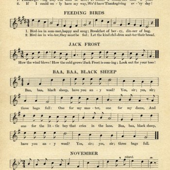 vintage sheet music, songs for November, kindergarten music, simple songs for children, old book page