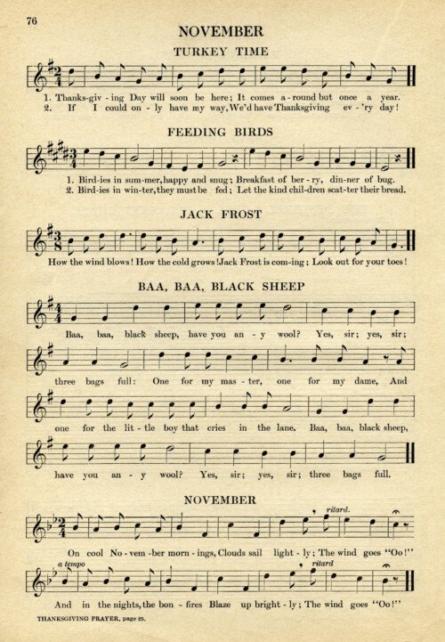 vintage sheet music, songs for November, kindergarten music, simple songs for children, old book page