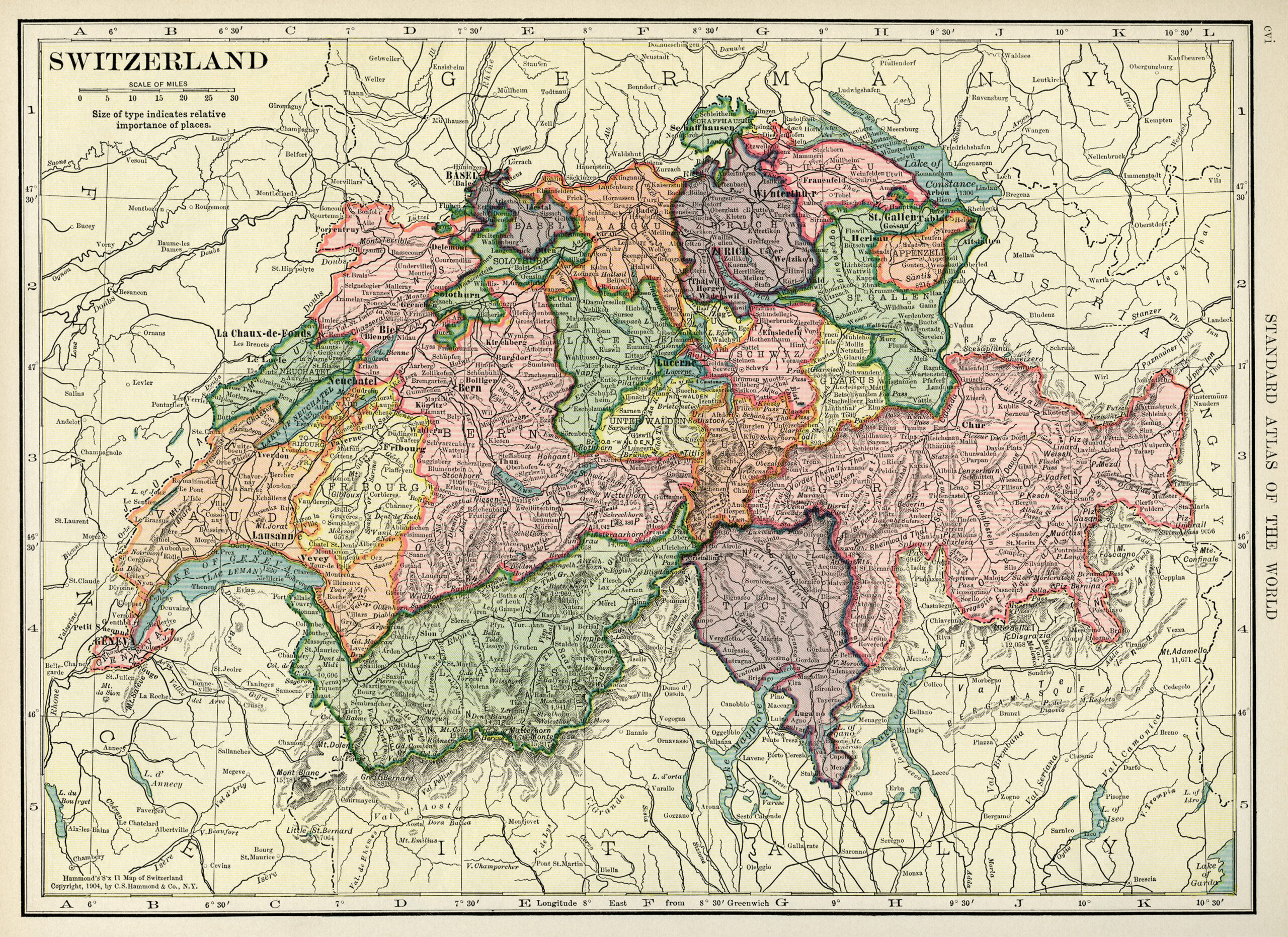 Switzerland map, vintage map download, antique map, C. S. Hammond, history geography Switzerland