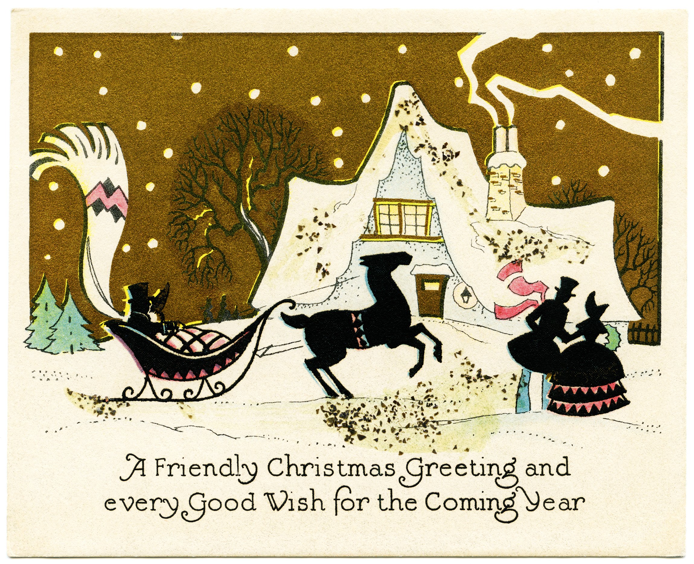 Victorian Christmas card, vintage holiday party graphic, snowy country scene illustration, winter scene clipart, evening Victorian house party