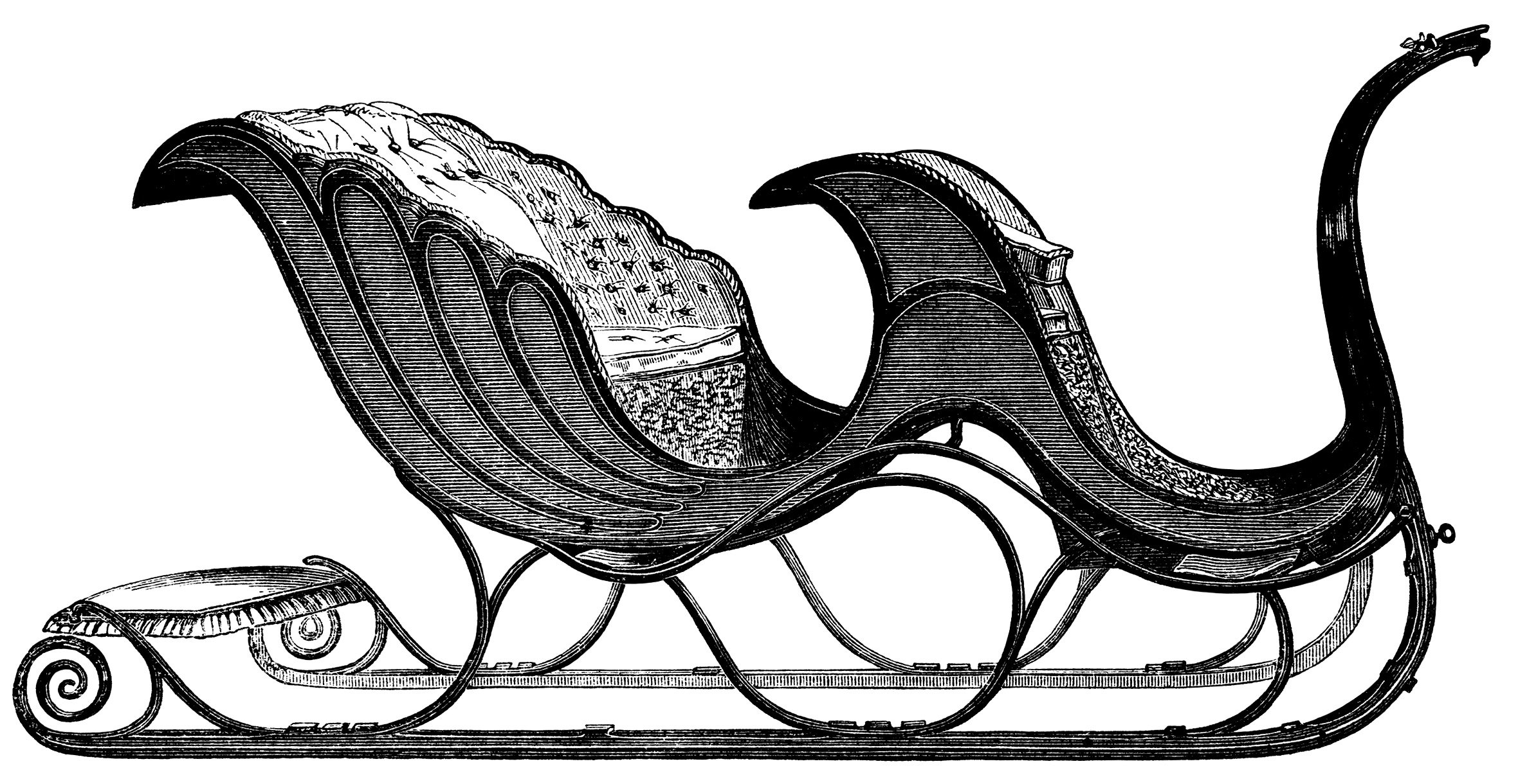 vintage clip art sleigh, free black and white clipart, Victorian transportation image, horse carriage engraving, santa sleigh illustration, antique Canadian sleigh