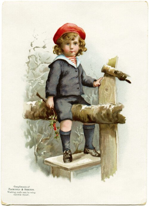 Victorian advertising card, vintage trading card, boy in winter clip art, ozone soap, Fairchild Shelton, boy sitting on fence illustration