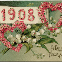 Victorian New Year postcard, vintage floral clip art, old fashioned New Years card, pink floral heart illustration, vintage flower postcard graphic