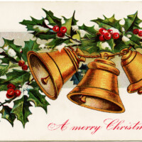 vintage Christmas postcard, public domain Christmas image, Christmas bells illustration, holly berries printable, old fashioned Christmas card