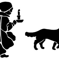 Victorian boy nightgown and cap, boy dog silhouette, black and white graphics, child and dog illustration, vintage boy clip art