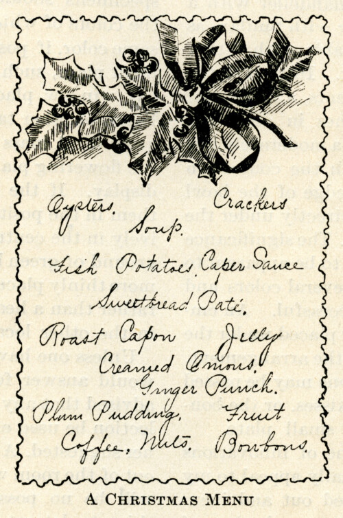 vintage Christmas menu, holly berries clip art, black and white graphics, old fashioned party food, antique holiday menu