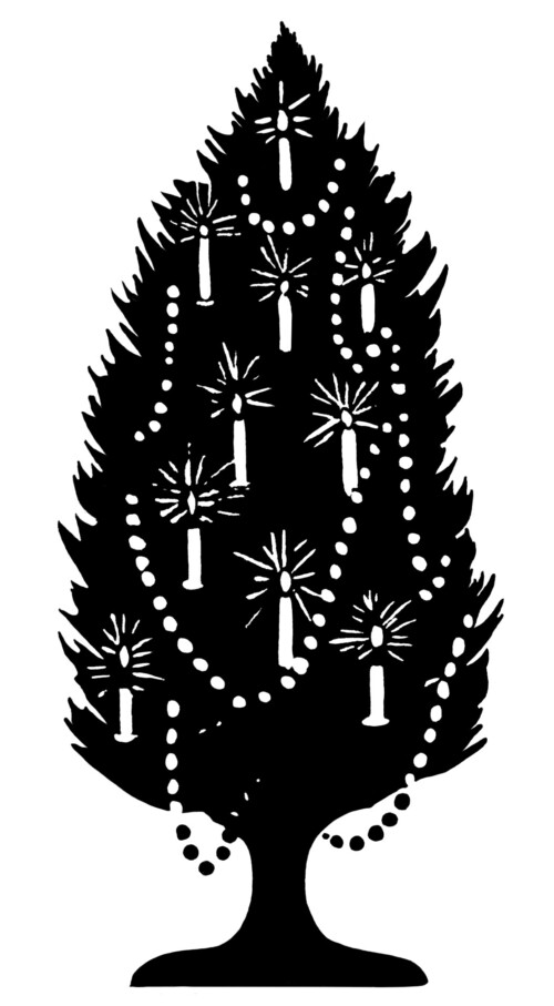 old fashioned Christmas tree, tree decorated with candles, black and white graphics, Christmas tree silhouette, vintage Christmas clip art