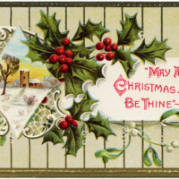 vintage Christmas postcard, holly berries mistletoe graphics, printable Christmas illustration, old fashioned Christmas card