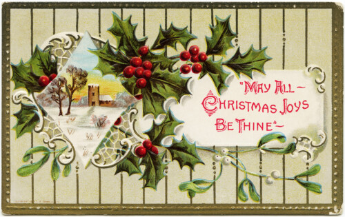 vintage Christmas postcard, holly berries mistletoe graphics, printable Christmas illustration, old fashioned Christmas card