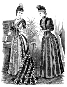 Victorian lady graphics, black and white clip art, Victorian fashion image, ladies visiting toilette, vintage fashion illustration