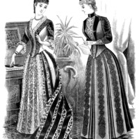 Victorian lady graphics, black and white clip art, Victorian fashion image, ladies visiting toilette, vintage fashion illustration