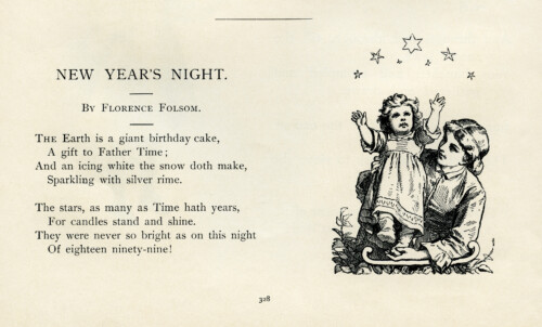 New Years Night, Florence Folsom poetry, vintage new year poem, mother and baby clip art, black and white graphics