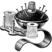 free black and white clip art, pincushion illustration, old magazine ad, vintage sewing clip art, pincushion thimble thread printable