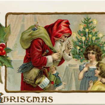 Victorian Christmas postcard, vintage santa clip art, old fashioned Christmas card, santa with children illustration, antique Christmas postcard