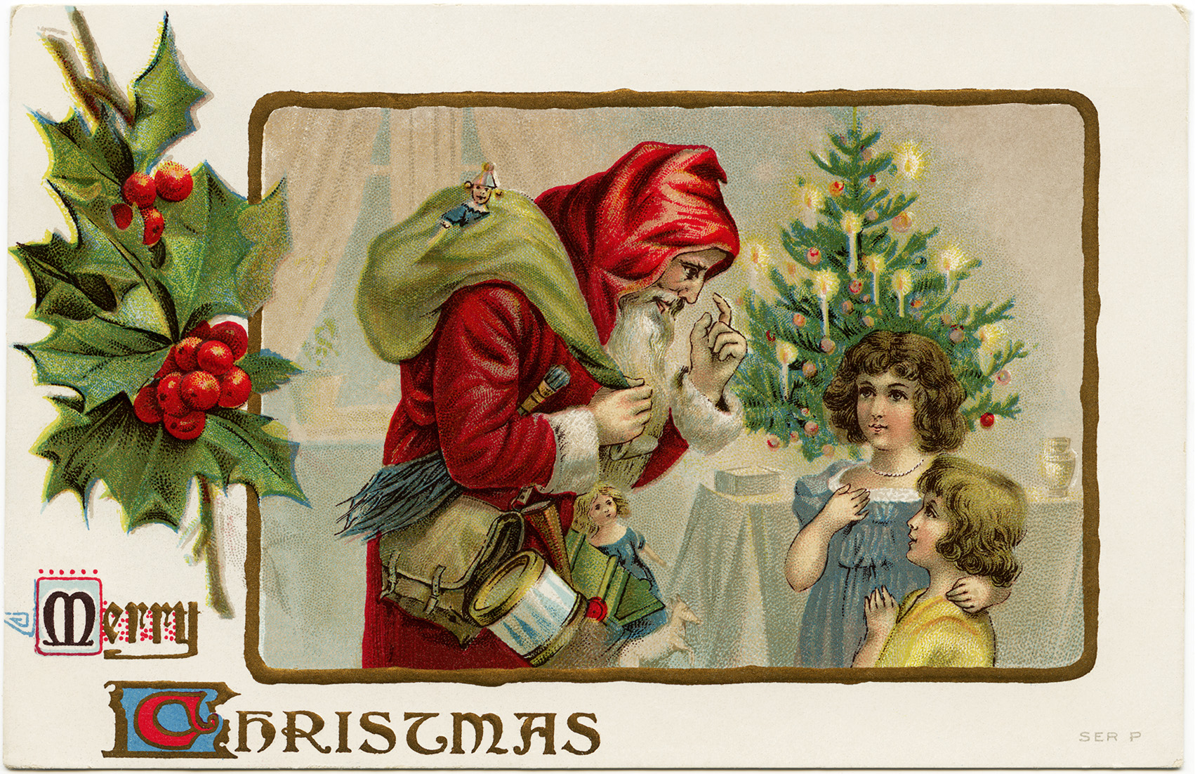 Victorian Christmas postcard, vintage santa clip art, old fashioned Christmas card, santa with children illustration, antique Christmas postcard