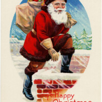 vintage Christmas postcard, vintage santa graphics, printable Christmas illustration, old fashioned Christmas card, santa stepping into chimney