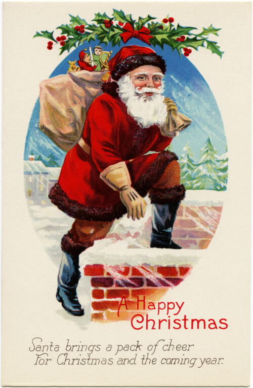 vintage Christmas postcard, vintage santa graphics, printable Christmas illustration, old fashioned Christmas card, santa stepping into chimney