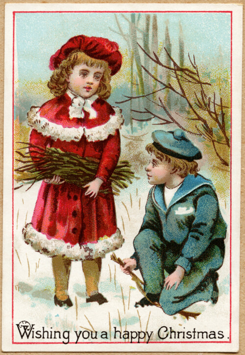 vintage Christmas card, Victorian children gather twigs, printable Christmas illustration, old fashioned Christmas card, Victorian boy and girl clip art